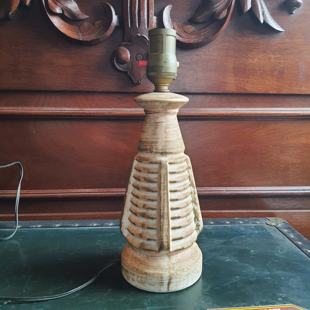Vintage 1950s Table Lamp Painted Cream Brown Brushed Electric Egyptian Revival